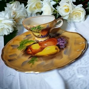 Vtg Luncheon Plate Tea Cup Hand Painted Fruit Design Party Gold Trim Porcelain